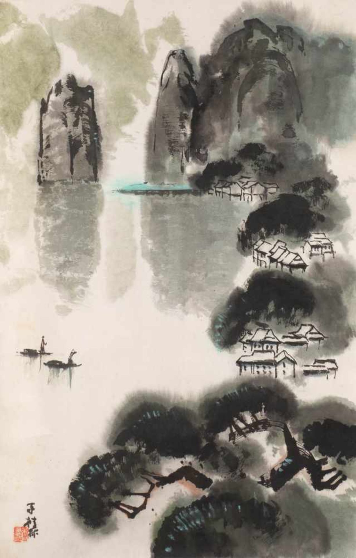 ROLLBILD: LANDSCHAFT IN GUILIN China, Anfang 20. Jh. Aquarell und Tusche. 67 cm x 43 cm. Signiert.
