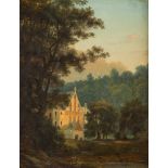 H. HARTUNGTätig Mitte 19. Jh.Kirche in romantischer Landschaft Öl auf Platte. 36 x 28 cm (R. 46,5