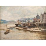 EDUARD SCHLOEMANN1888 Düsseldorf - 1940Hafen vor der Stadt Öl auf Leinwand. 41 x 57 cm (R. 59 x 74