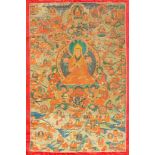 THANGKA: TSONGKHAPA UND SEINE SCHÜLER Tibet, 19. Jh. Polychrome Bemalung, part. Goldstaffage. Ca.