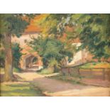 WILHELM TRAMP1881 - 1940 DüsseldorfDorfansicht im Sonnenlicht Öl auf Malkarton. 28 x 36,5 cm (R.