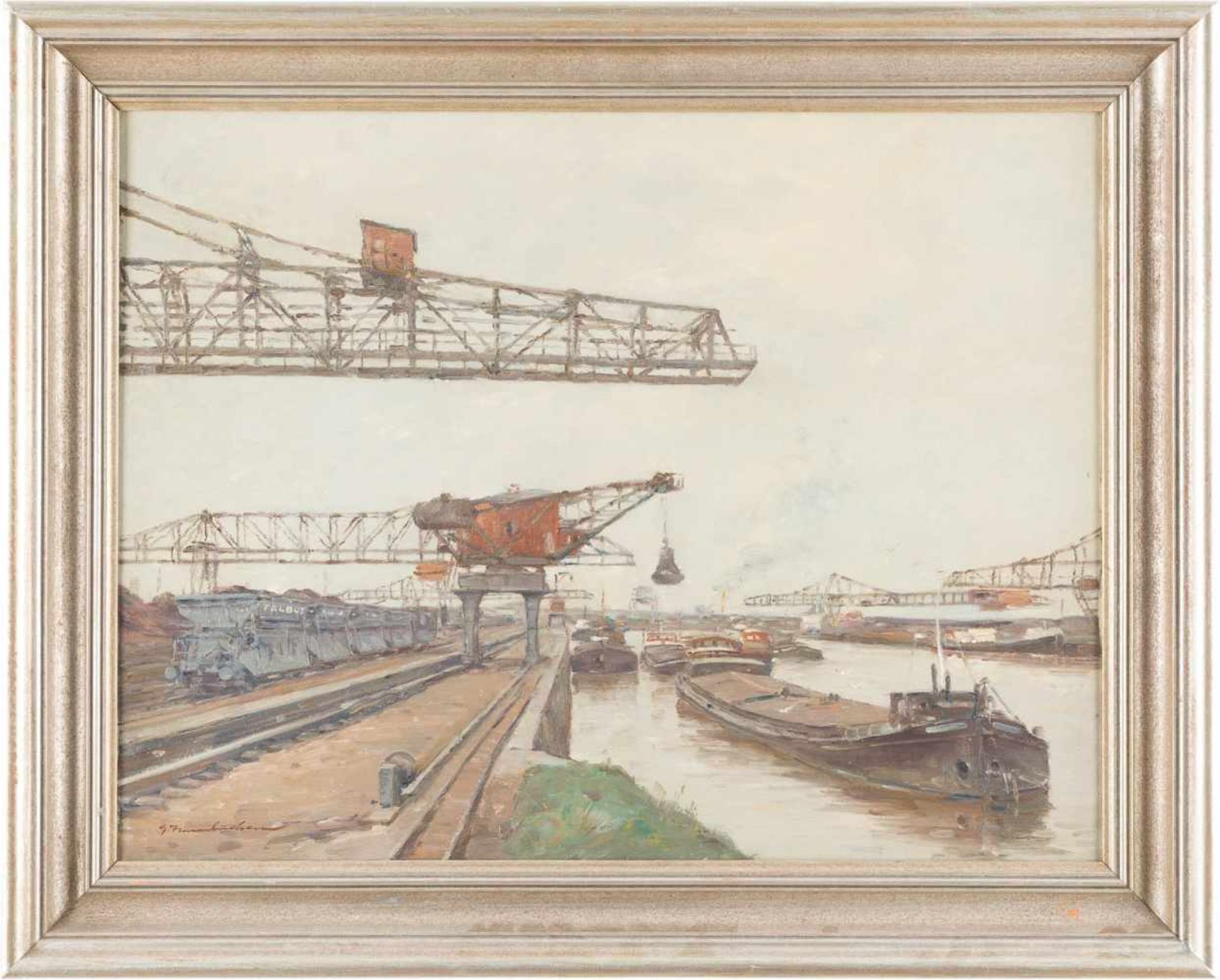 GEORG HAMBÜCHEN1901 Düsseldorf - 1971 ebendaKonvolut Gemälde. Hafenkräne und Frachtschiffe am - Bild 4 aus 4