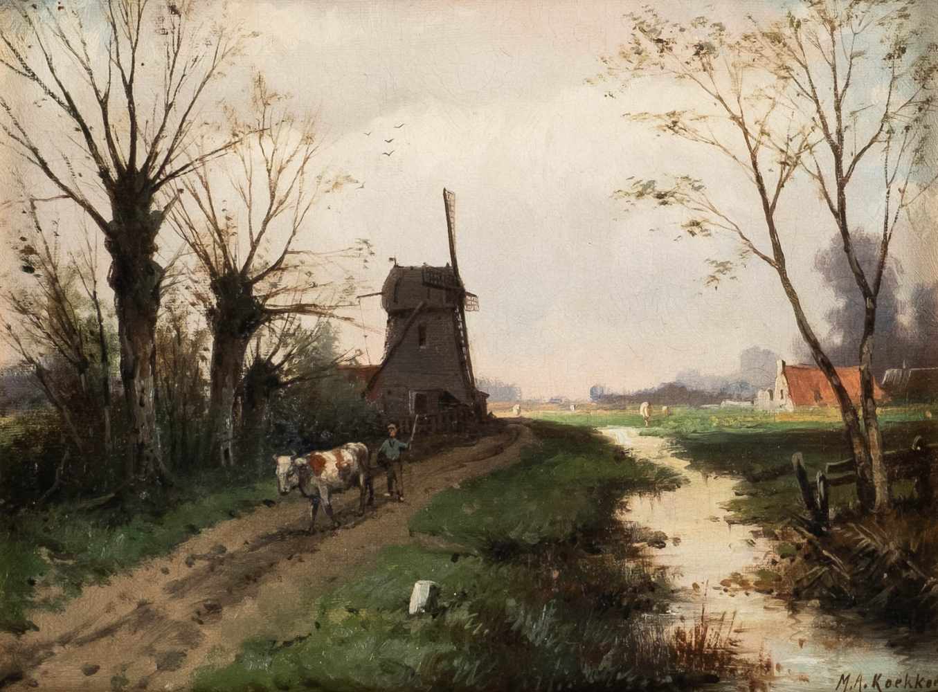 M.A. KOEKKOEKTätig 2. Hälfte 19. Jh.Holländische Landschaft mit Windmühle Öl auf Leinwand. 22,5 x