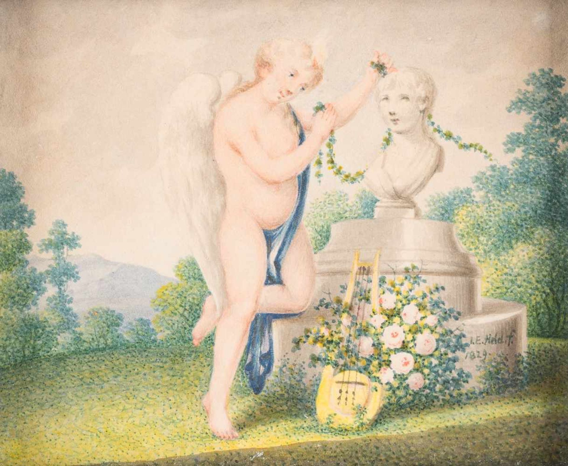 JOHANN EHRENFRIED HELD1752 Zittau - um 1830 DresdenZWEI ARBEITEN: ENGEL UND MUSE IM PARK Aquarell - Bild 3 aus 4