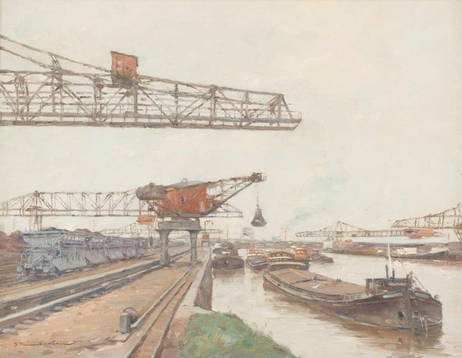 GEORG HAMBÜCHEN1901 Düsseldorf - 1971 ebendaKonvolut Gemälde. Hafenkräne und Frachtschiffe am - Bild 3 aus 4