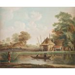 ANDRIES VERMEULEN1763 Dordrecht - 1814 AmsterdamFLUSSLANDSCHAFT MIT BAUERNHÄUSERN UND RUDERBOOT Öl