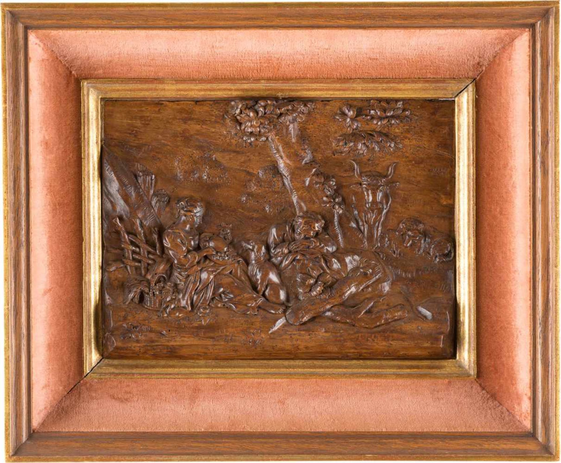 RELIEF MIT GALANTER SZENE Frankreich o. Flandern, um 1700 Holz, reliefplastisch geschnitzt, dunkel