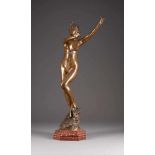 PAUL AICHELE1859 Markdorf - 1920 BerlinDiana Bronze, braun patiniert, roter Marmor. Ges.- H. 82
