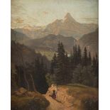 W. DOLLETätig um 1880Bäuerin in Alpenlandschaft Öl auf Leinwand. 39 x 31,5 cm (R. 58,5 x 50 cm).