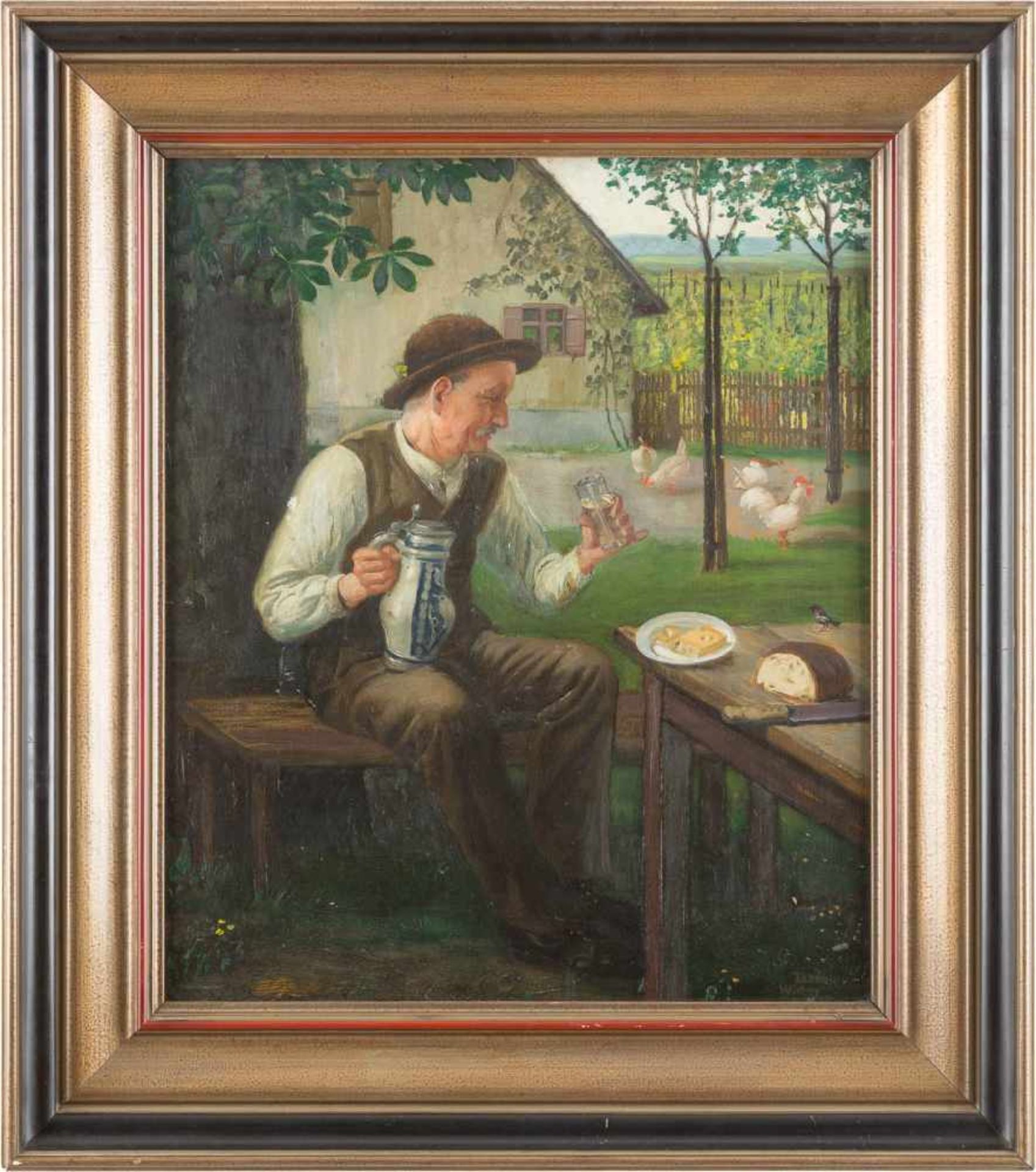 THEODOR WINTER1872 München - c. 1947Brotzeit im Garten Öl auf Holz. 60 x 50 cm (R. 79,5 x 69,5 - Bild 2 aus 2