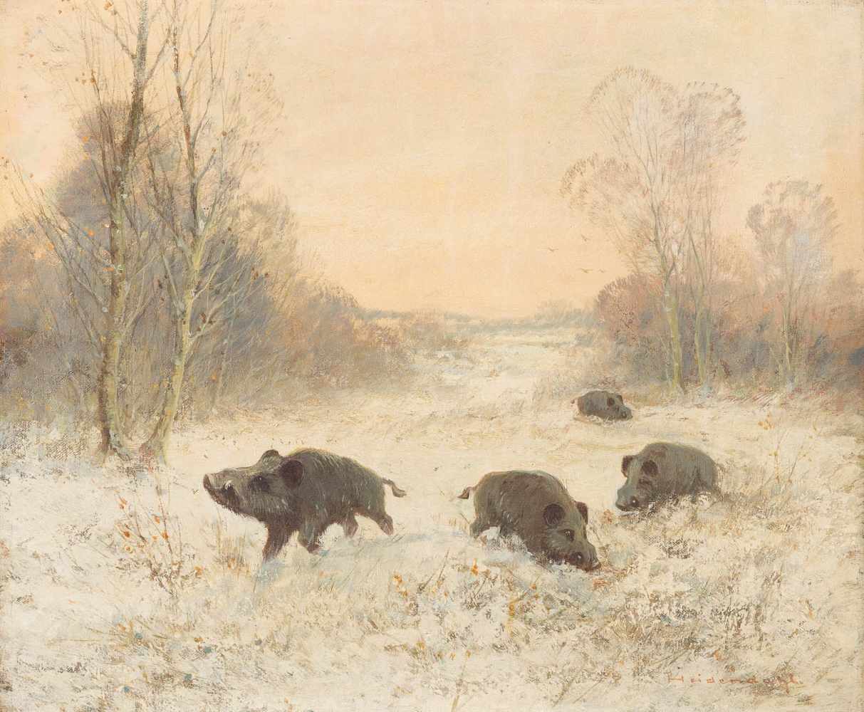 HEIDENDAHLTätig 1. Hälfte 20. Jh.Wildschweine in verschneiter Landschaft Öl auf Leinwand. 50,5 x