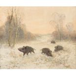 HEIDENDAHLTätig 1. Hälfte 20. Jh.Wildschweine in verschneiter Landschaft Öl auf Leinwand. 50,5 x