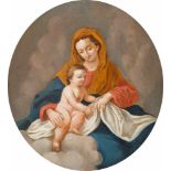 DEUTSCHE SCHULEum 1800Madonna mit Kind Öl auf Platte. SM 22,5 x 20 cm (R. 37,5 x 34,5 cm). Sehr min.