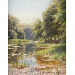 PEDER MORK MONSTED1859 Grenå - 1941 KopenhagenSee im Sommerwald Öl auf Malkarton. 30,5 x 24,5 cm (R.