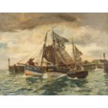 EDUARD SCHLOEMANN1888 Düsseldorf - 1940Segelschiffe am Kai Öl auf Leinwand. 70,5 x 91 cm (R. 87 x