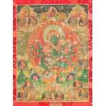 THANGKA: GRÜNE TARA Nepal/Tibet, um 1900 Polychrome Malerei auf textilem Grund, part.