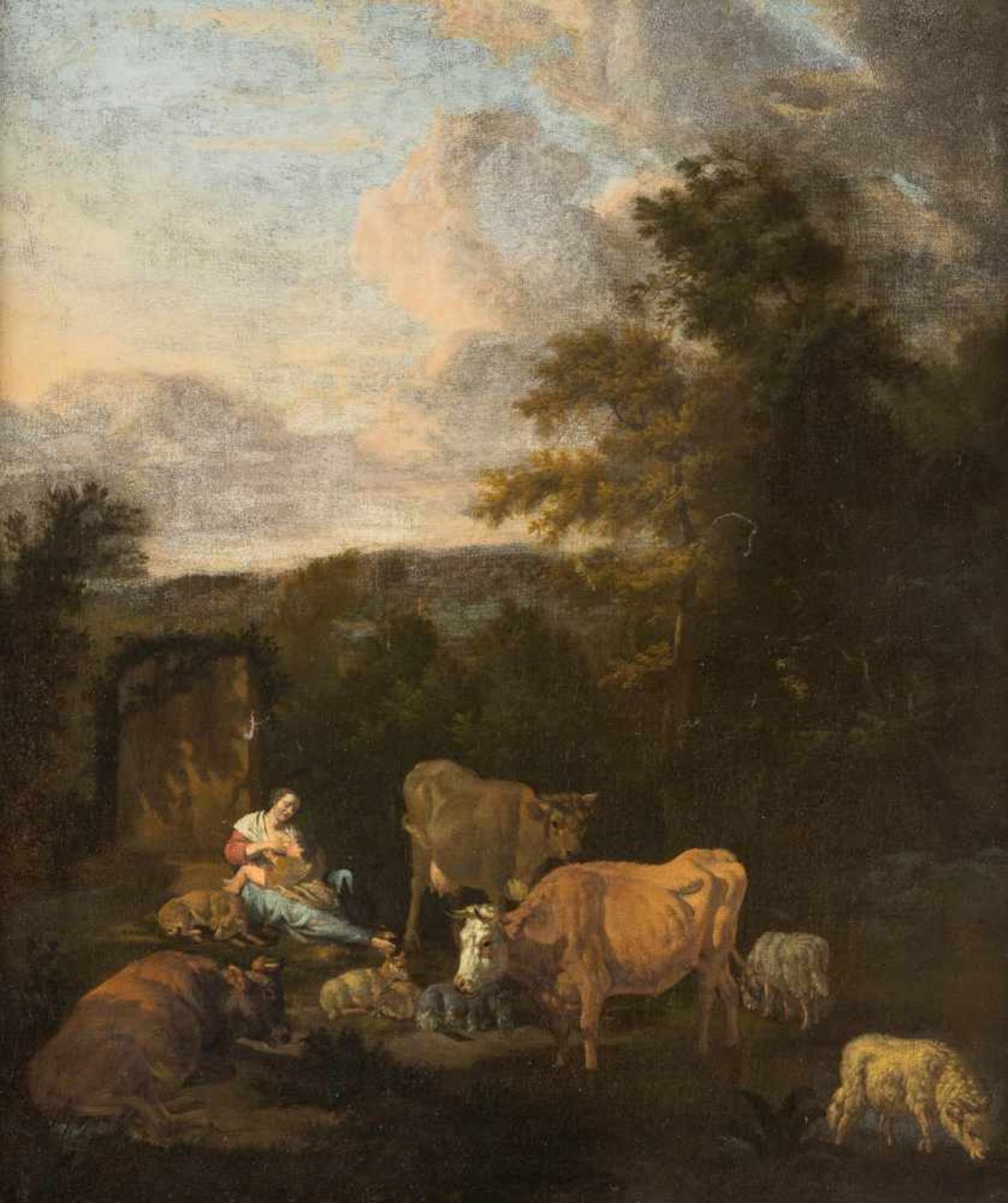 ADRIAEN VAN DE VELDE (UMKREIS)1636 Amsterdam - 1672 EbendaWALDLANDSCHAFT MIT MUTTER, KIND UND