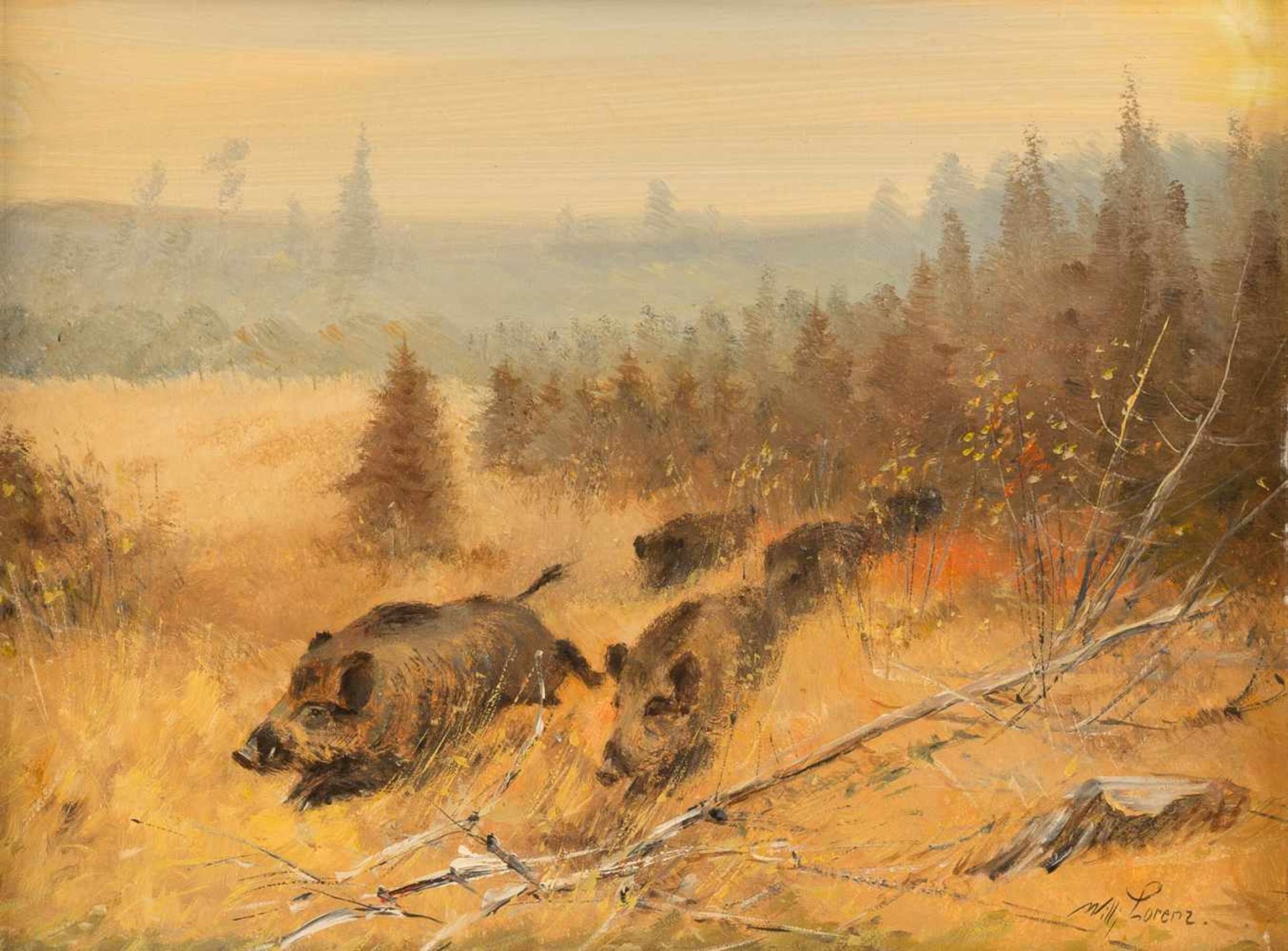WILLI LORENZ1901 Köln - 1981 ebendaFliehende Wildschweine Öl auf Platte. 31,5 x 40 cm (R. 45 x 55