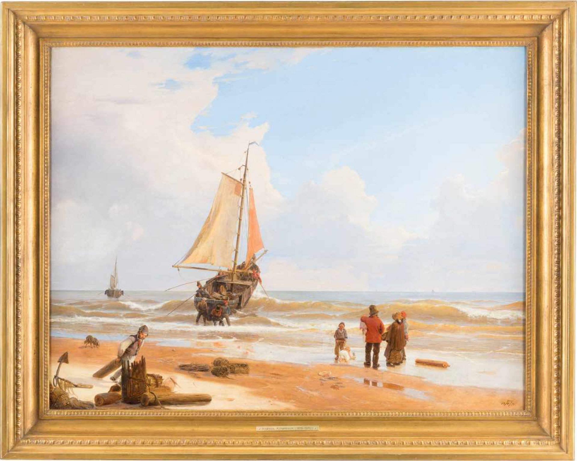 ANDREAS ACHENBACH1815 Kassel - 1910 DüsseldorfAm Strand Öl auf Leinwand (doubl.). 62,5 x 81,5 cm (R. - Bild 2 aus 2
