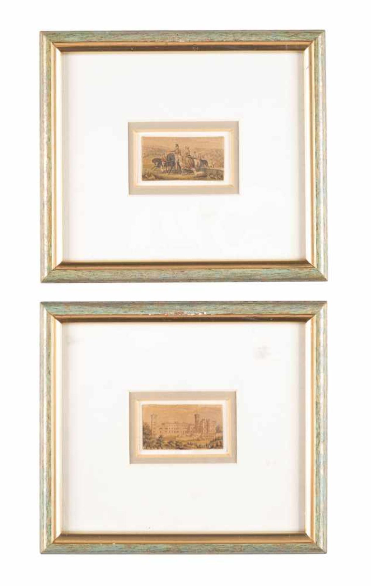 ZWEI LUPENMALEREIEN England, um 1850 Tusche bzw. Silberstift, koloriert, auf Papier. 2,5 x 4,5 cm (