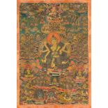 THANGKA: SITZDER BODHISATTVA Nepal/Tibet, um 1900 Polychrome Bemalung auf textilem Grund, part.