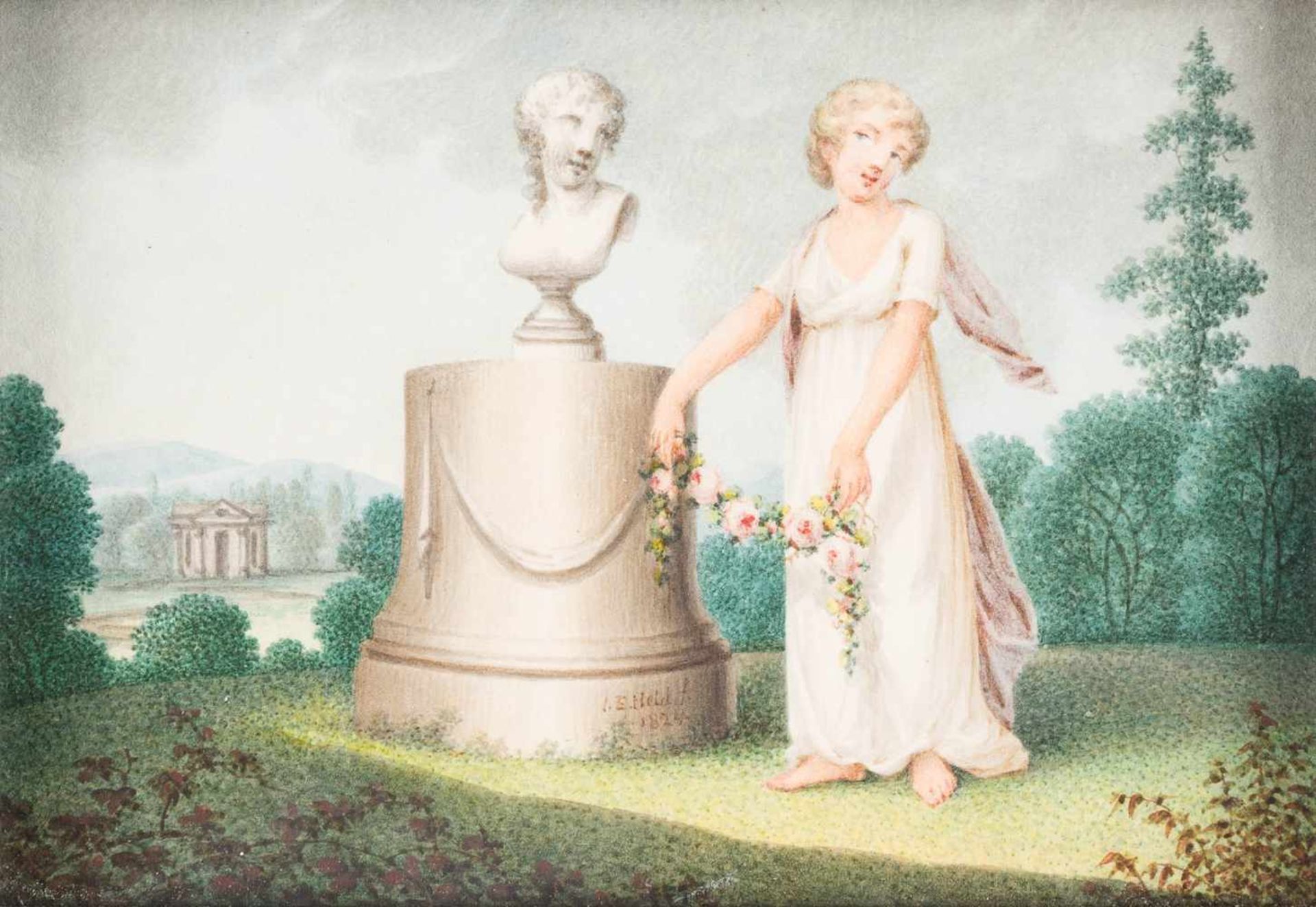 JOHANN EHRENFRIED HELD1752 Zittau - um 1830 DresdenZWEI ARBEITEN: ENGEL UND MUSE IM PARK Aquarell