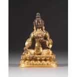GRÜNE TARA Sino-Tibet, 18. Jh. Bronze, vergoldet. H. 15,2 cm. Part. ber. best., Dellen, altersgemäße