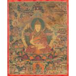 THANGKA: DATSRELLUNG EINES DALAI LAMA Tibet, 19. Jh. Polychrome Bemalung, part. Goldstaffage. 78