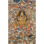 THANGKA: TSONGKHAPA Tibet, 19./20. Jh. Polychrome Malerei auf textilem Grund, part. Goldstaffage.