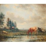 DIRK VAN LOKHORST (UMKREIS)1818 Utrecht - 1893 ebendaKühe an sommerlichem Gewässer Öl auf Holz. 18 x