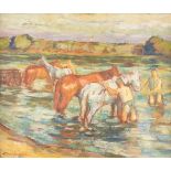 NICOLAE CHIRILOVICHI1910 Ungrar - 1994 AradReiter und Pferde in der Furt Öl auf Malkarton. 51,5 x