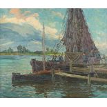 EDUARD SCHLOEMANN1888 Düsseldorf - 1940Segelschiffe am Ufer des Rheins Öl auf Leinwand (doubl.).