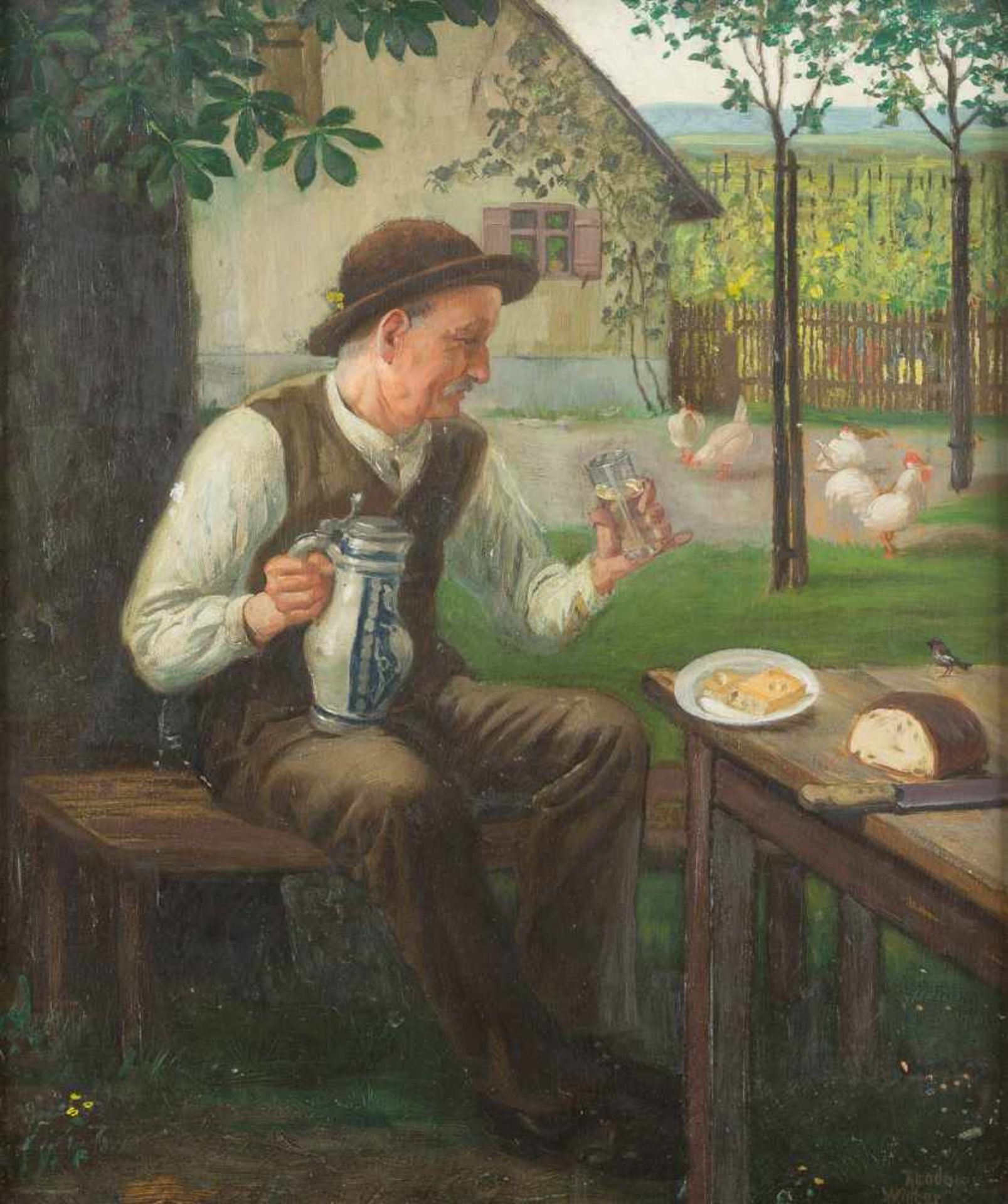 THEODOR WINTER1872 München - c. 1947Brotzeit im Garten Öl auf Holz. 60 x 50 cm (R. 79,5 x 69,5
