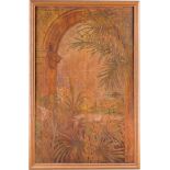 WANDPANEEL MIT LANDSCHAFTSAUSBLICK um 1900 Brandmalerei und polychrome Malerei auf Holz, im