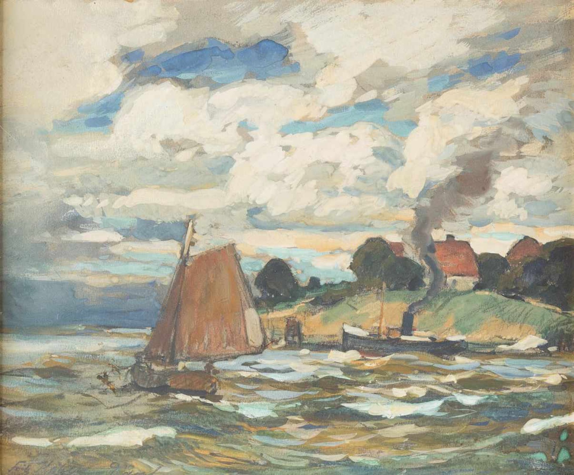 FRITZ KÖHLER1887 Moritzberg - 1972 DüsseldorfBOOTE AN DER KÜSTE Gouache auf Papier, aufgezogen auf