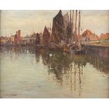 WILHELM HAMBÜCHEN1869 Düsseldorf - 1939 ebendaSchiffe im Hafen Öl auf Leinwand. 54,5 x 65 cm (R.