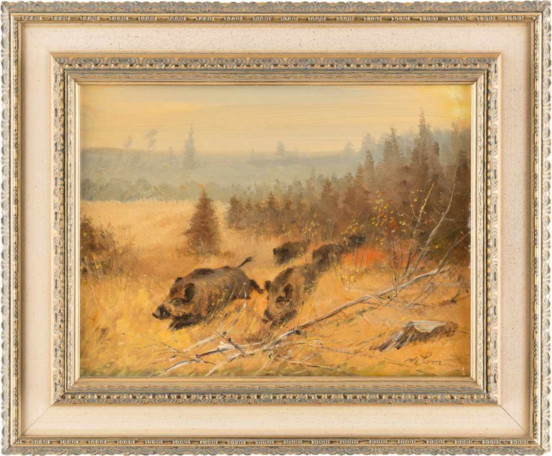 WILLI LORENZ1901 Köln - 1981 ebendaFliehende Wildschweine Öl auf Platte. 31,5 x 40 cm (R. 45 x 55 - Bild 2 aus 2