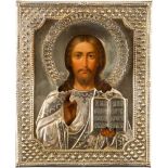 IKONE MIT CHRISTUS PANTOKRATOR MIT VERMEIL-OKLAD IM KIOT Russland, 2. Hälfte 19. Jh. (Ikone),