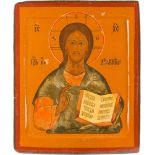 IKONE MIT CHRISTUS PANTOKRATOR Russland, 18. Jh. Einzeltafel mit zwei Rückseiten-Sponki (