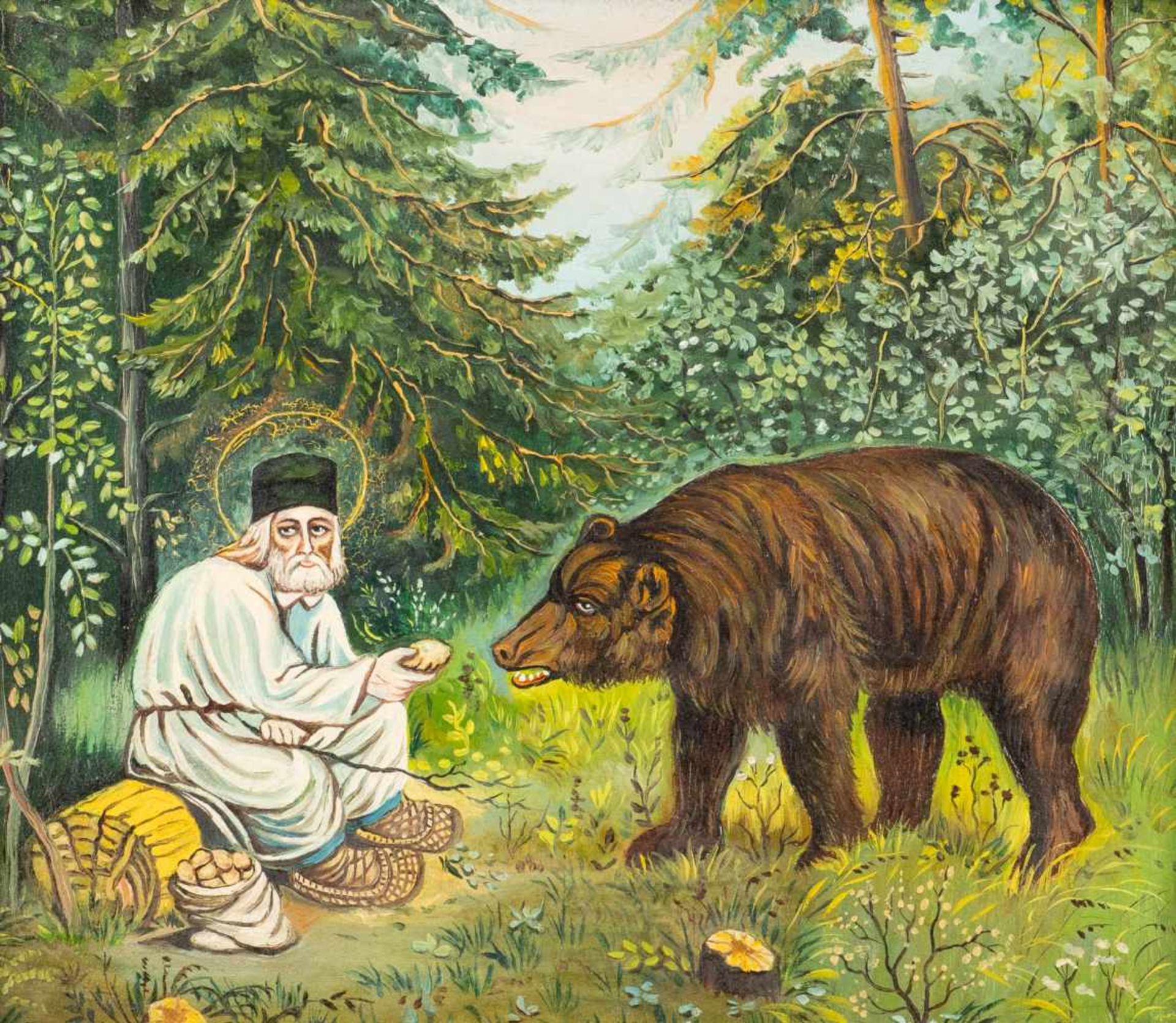 RUSSISCHER MALERTätig im 20. Jh.Serafim von Sarow mit einem Bären Öl auf Leinwand. 33 cm x 39 cm.