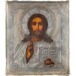 GROSSE IKONE MIT CHRISTUS PANTOKRATOR MIT SILBER-OKLAD Russland, Ende 19. Jh. (Ikone), Russland,