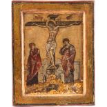 KLEINE IKONE MIT DER KREUZIGUNG CHRISTI Byzantinisch, wohl Konstantinopel, 14./15. Jh. Holztafel mit