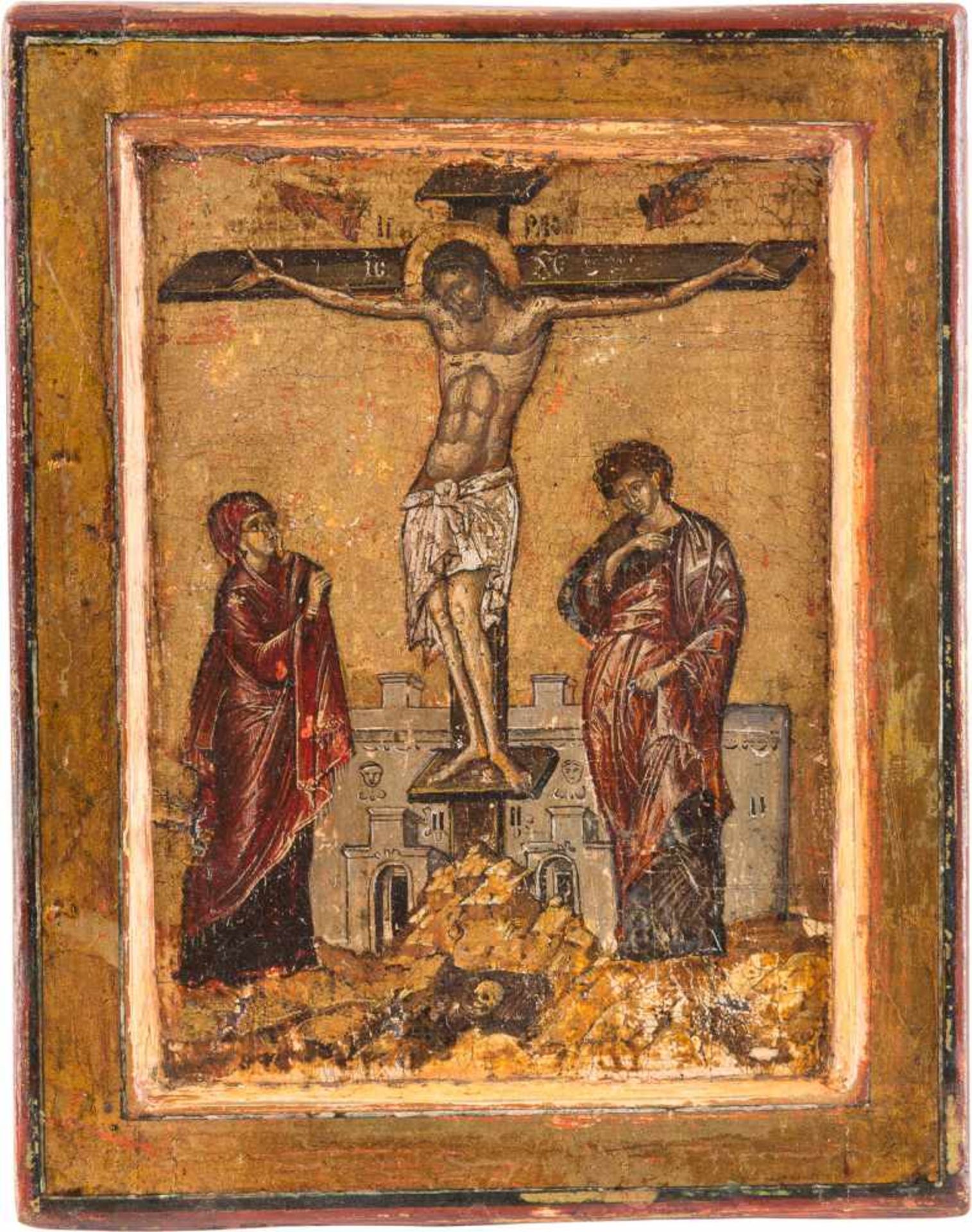 KLEINE IKONE MIT DER KREUZIGUNG CHRISTI Byzantinisch, wohl Konstantinopel, 14./15. Jh. Holztafel mit