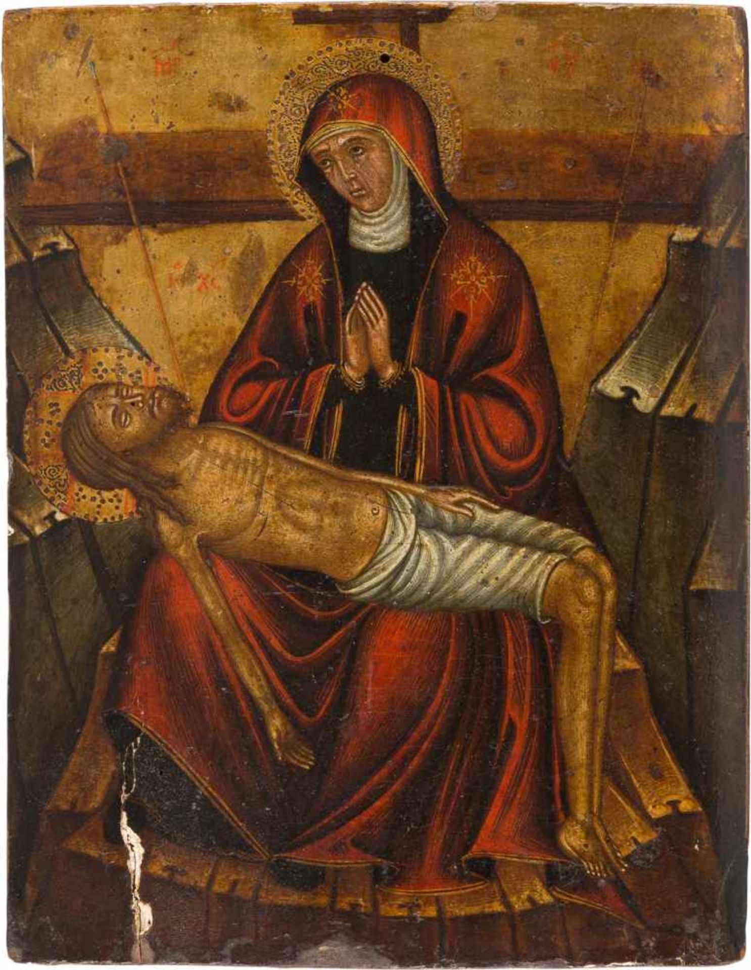 IKONE MIT DER PIETÀ Veneto-Kretisch, 2. Hälfte 15. Jh. Laubholz-Einzeltafel mit zwei aufgenagelten