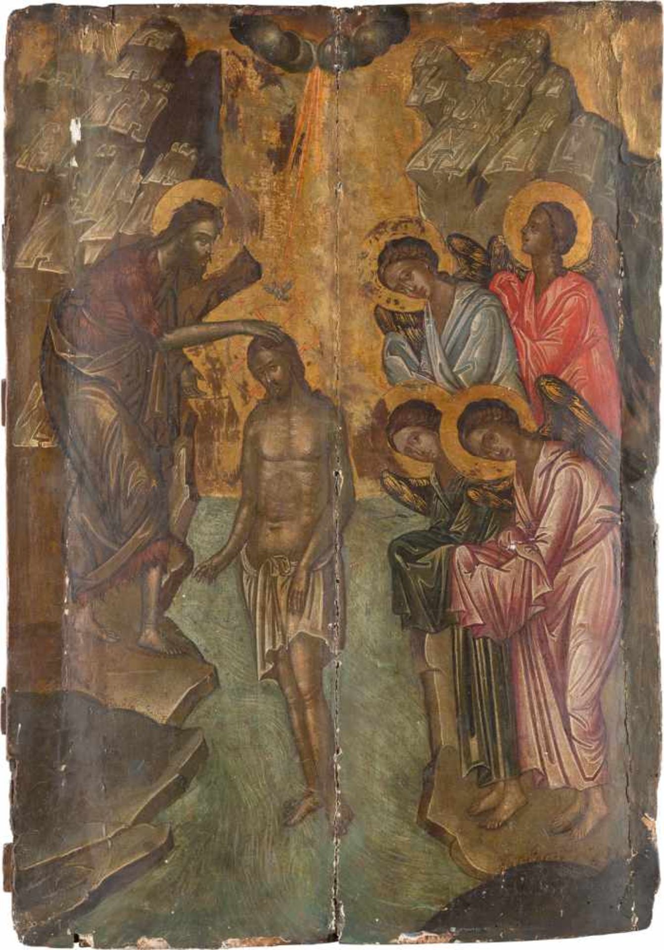 GROSSFORMATIGE IKONE MIT DER TAUFE CHRISTI Griechenland, Kreta, um 1500 Holztafel, rückseitig