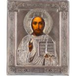 IKONE MIT CHRISTUS PANTOKRATOR MIT SILBER-OKLAD UND BRONZE-IKONE MIT DER VERKÜNDIGUNG Russland, Ende