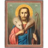 GROSSE IKONE MIT CHRISTUS DEM GUTEN HIRTEN Russland, 19./20. Jh. Holztafel mit zwei Stirnseiten-