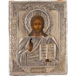 KLEINE IKONE MIT CHRISTUS PANTOKRATOR MIT VERMEIL-OKLAD Russland, Ende 19. Jh. (Ikone), Russland,