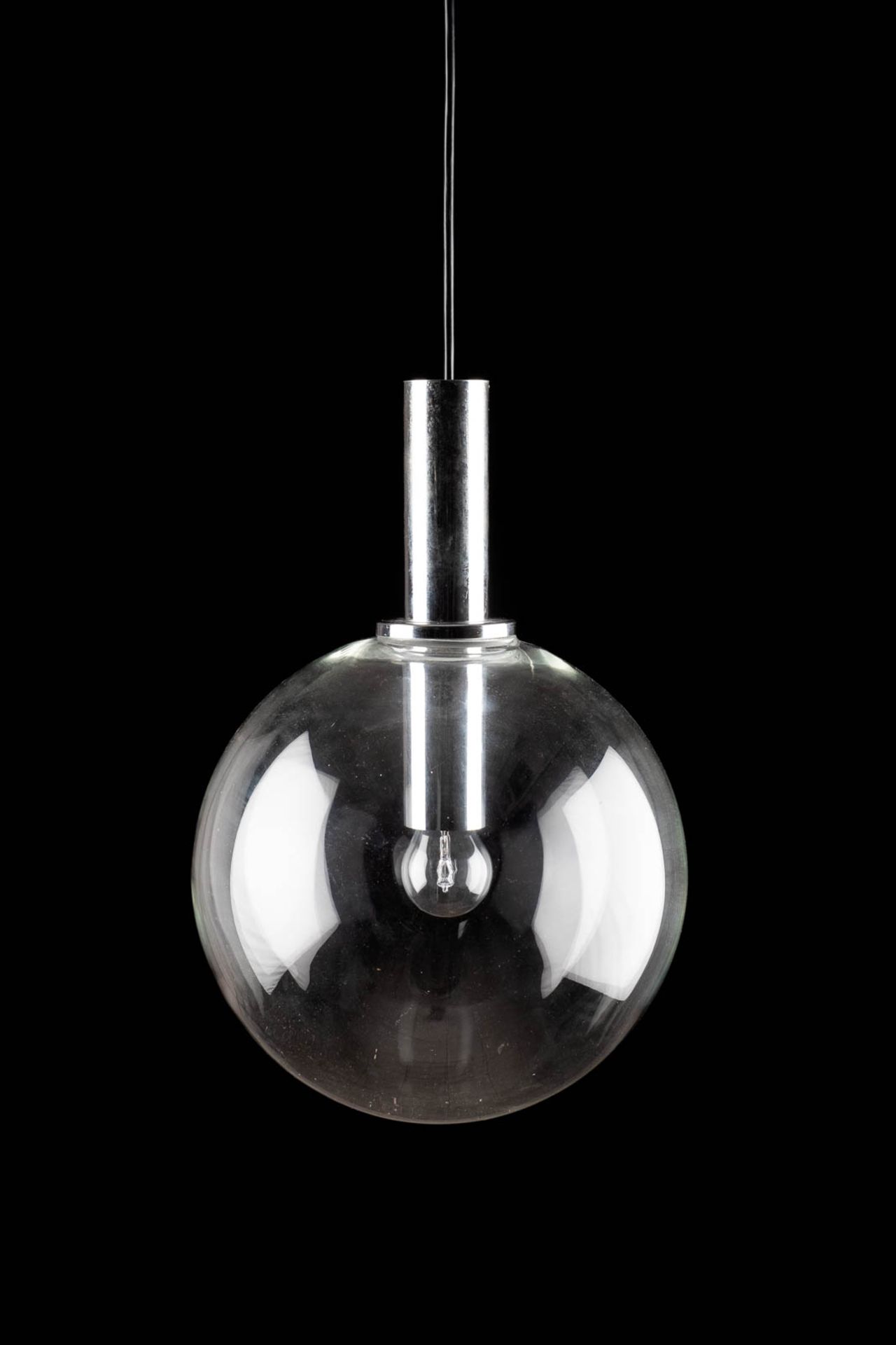 CEILING LIGHT 'CRYSTAL BALL'Probably German, 1970s/1980s Glass, metal, part. chromed. Total length