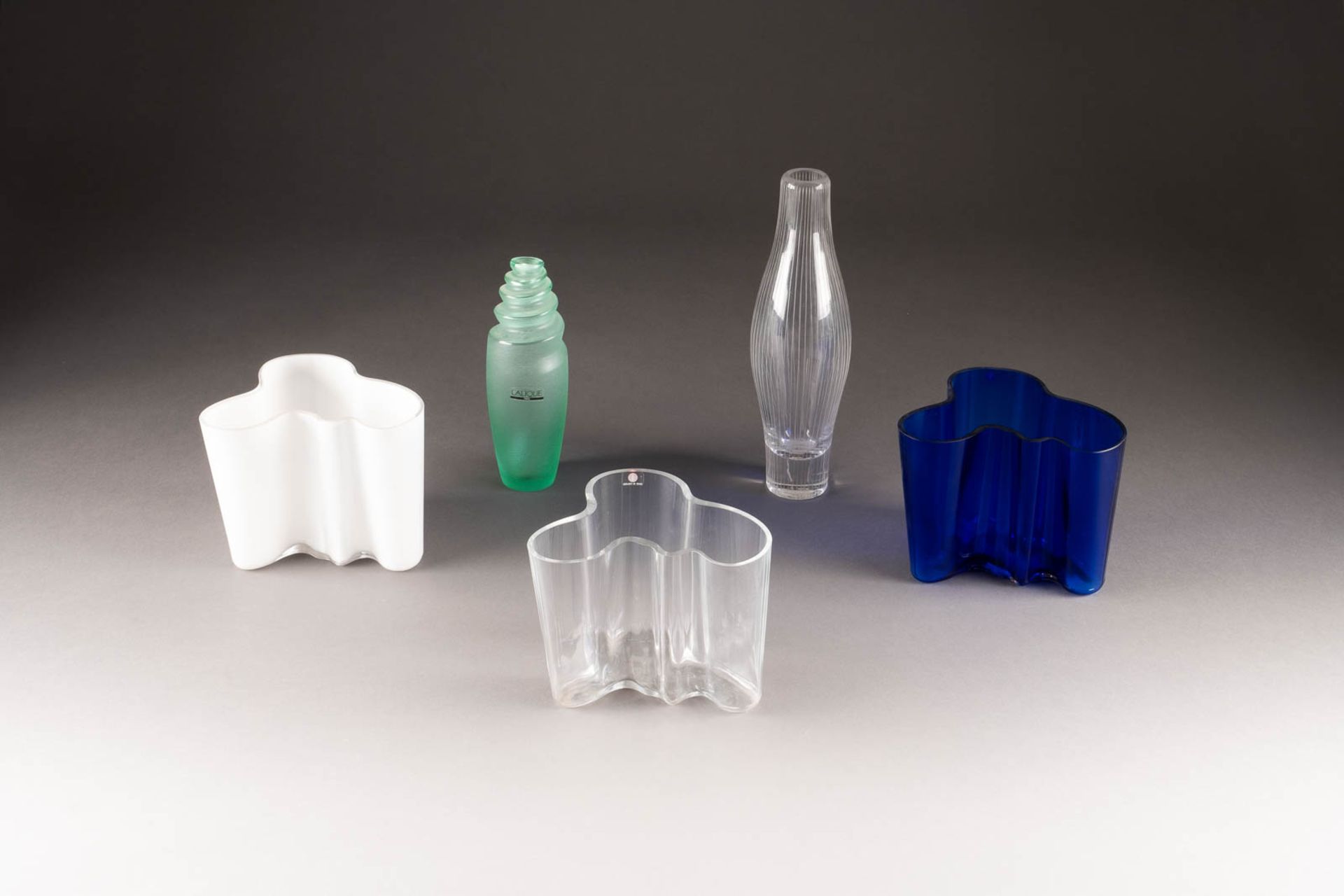 COLLECTION OF FIVE VASESFinland, France, German, inter alia, Alvar Aalto (Iittala), Lalique, 2nd